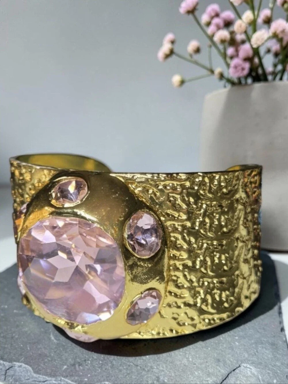 18k Gold Plated Hammered Pink AB Austrian Crystal Candy Dopamine Cuff Bracelet